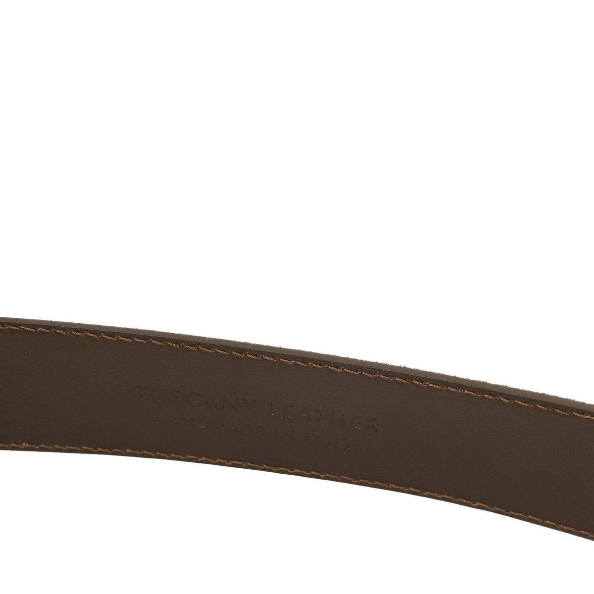 Close up of a brown suede leather belt with visible edge stitching.