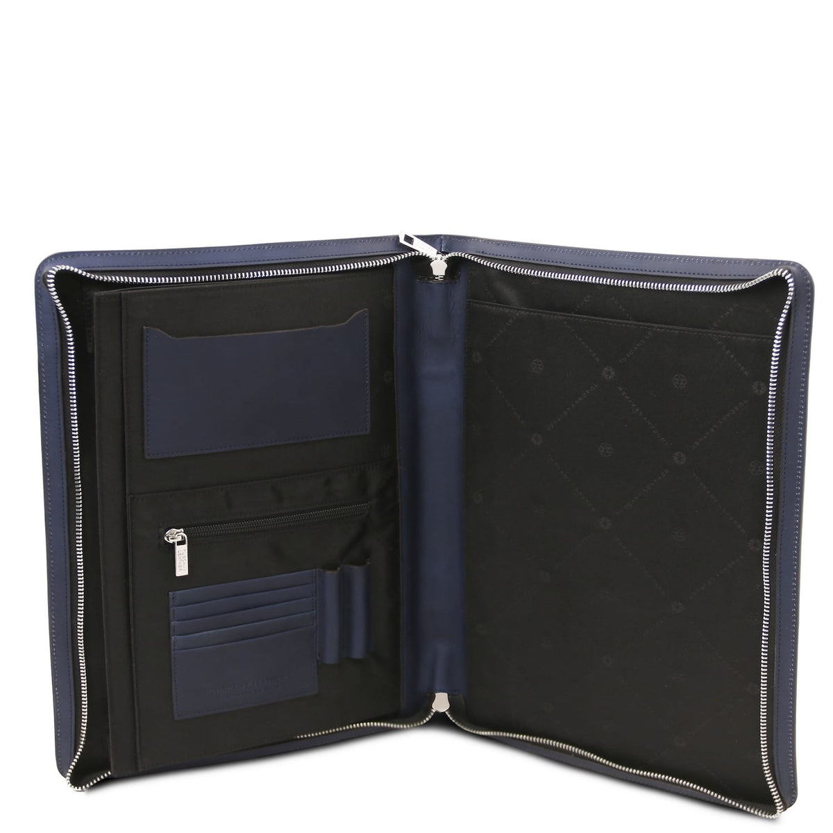 Open interior of the navy blue Costantino document case with card slots zip pocket and divider