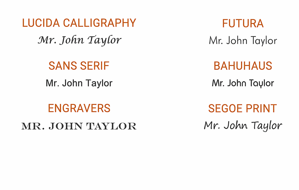 Comparison of different font styles with 'Mr. John Taylor' listed under each.