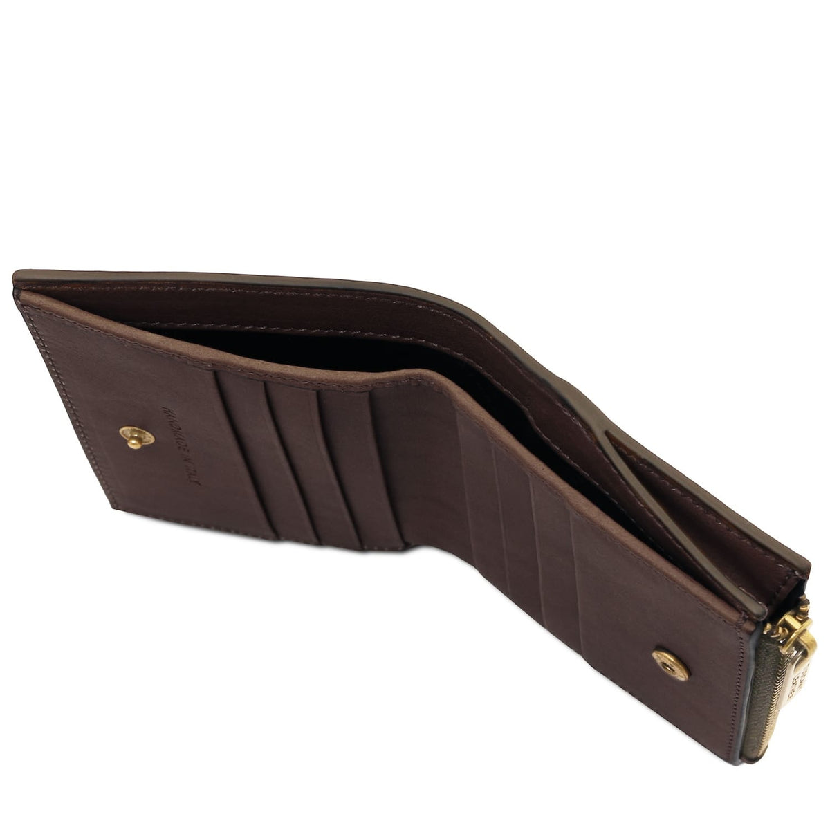 Marrone portafoglio in pelle aperta per mostrare multiple scomparti per carte e a zipperosso section.