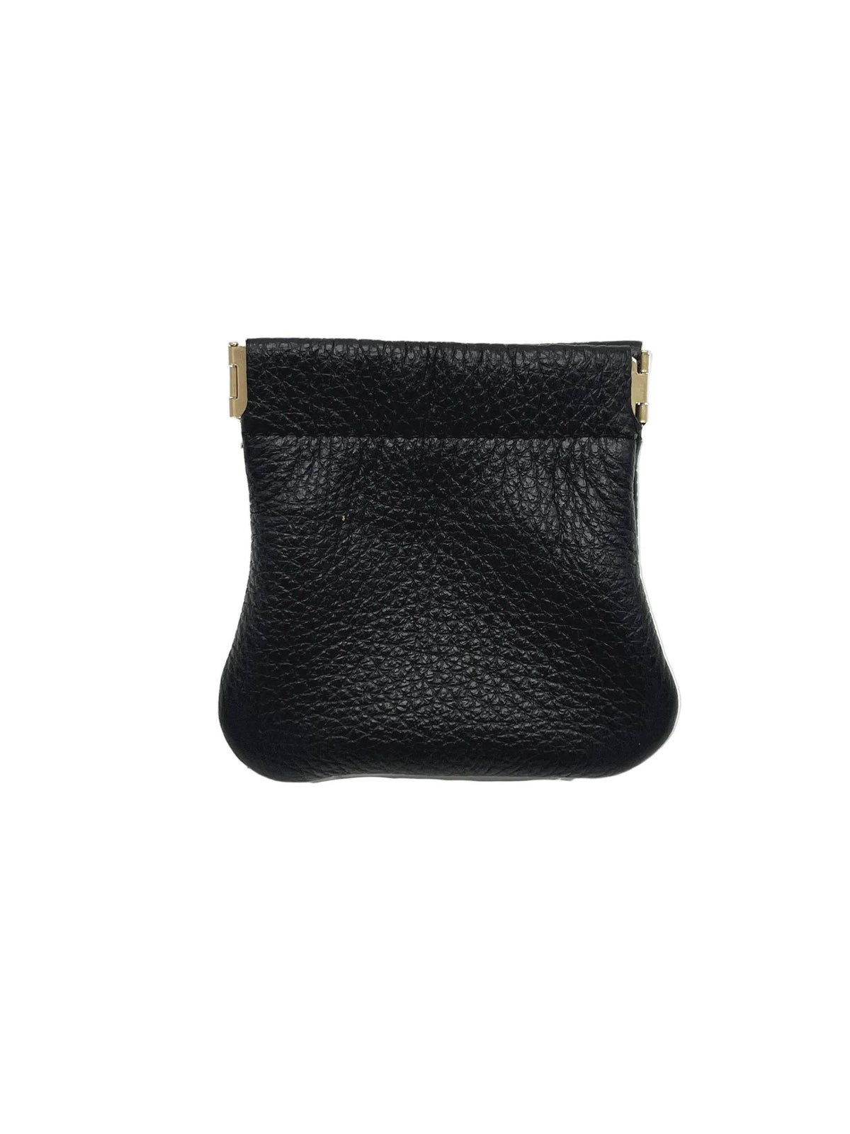 Italian Leather Coin Purse displaying black pebbled leather texture with gold-tone metal frame clasp closure.