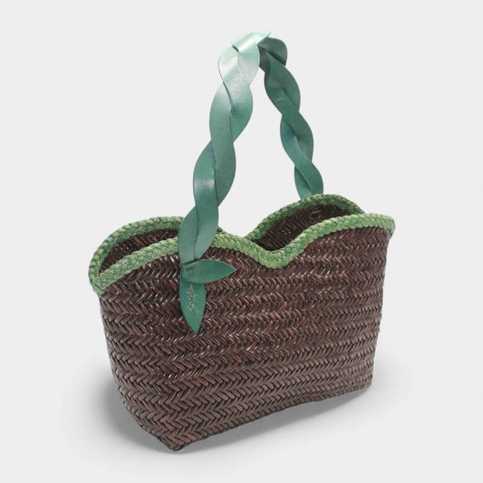Léafa - Hewoven Leather Shoulder Bag | Verde & Caffè featuring braided verde leather heles e dark woven leather body con scalloped trim.