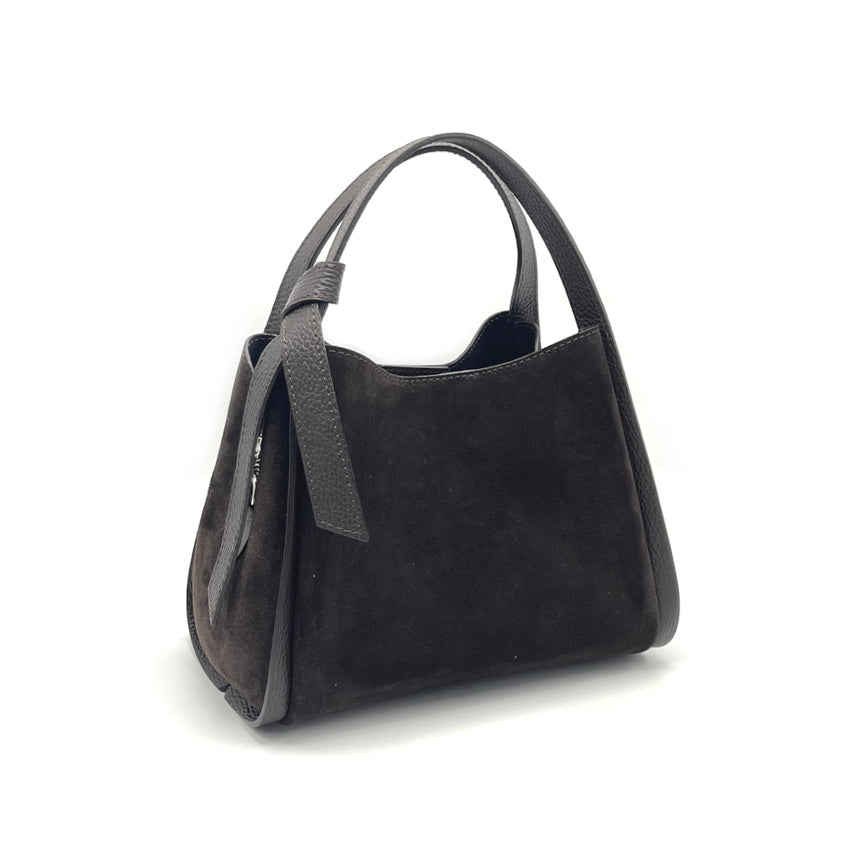 Pienza – Italian Suede Leather Tote Handbag – Espresso Brown with pebbled leather handles and smooth suede body on white background