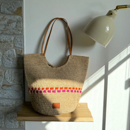 Handbag & Wallet Accessoires Zola - Handmade Naturel Raffia Tote Bag - Fuchsia and Orange San Rocco Italia