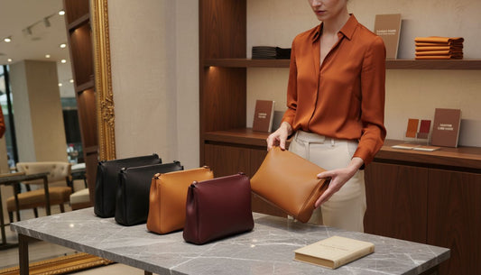 Auswahl hochwertiger Lederhandtaschen in einer Boutique