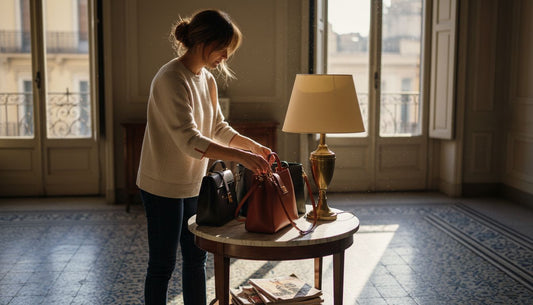 Frau arrangiert italienische Lederhandtaschen zu Hause