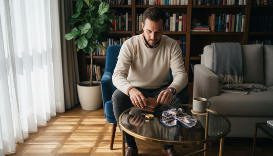 Man placing luxury items on glass table