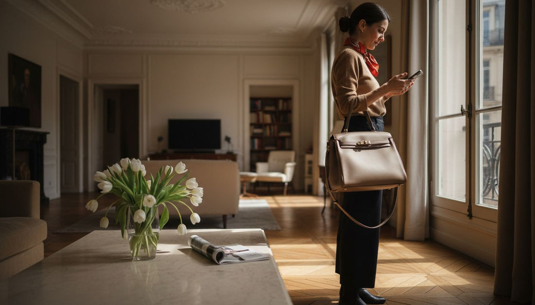 Frau mit einer Luxushandtasche in einer Pariser Wohnung
