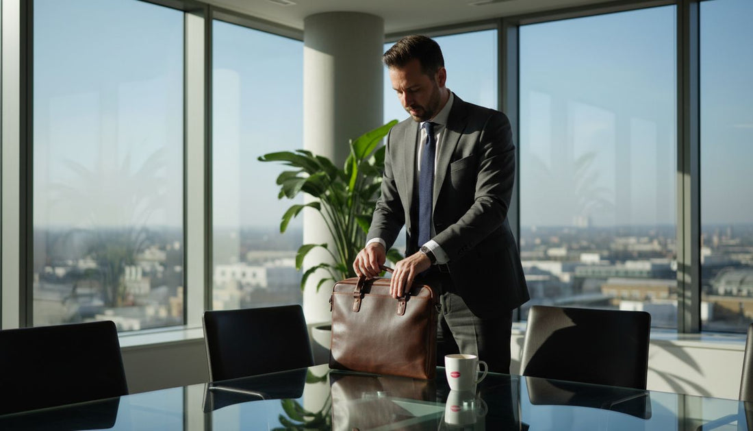 Businessman sets down leather laptop bag in city office