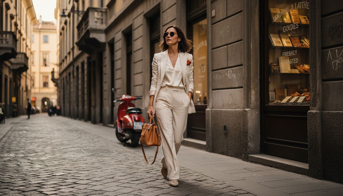 Italian woman walks Milan street with handbag