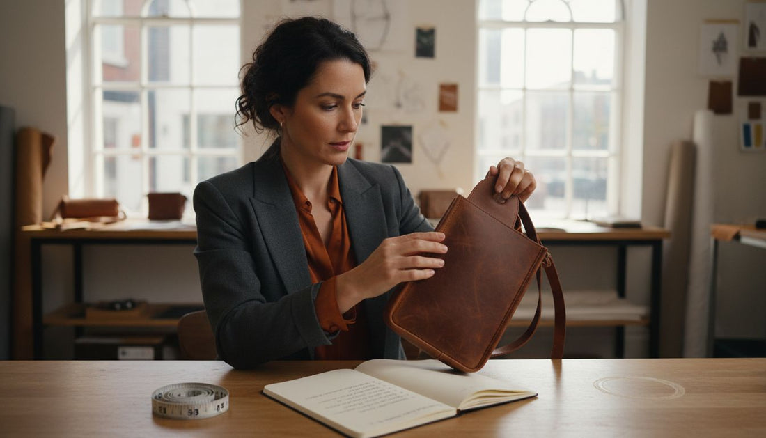 Femme examinant un sac sling en cuir au comptoir d’une boutique