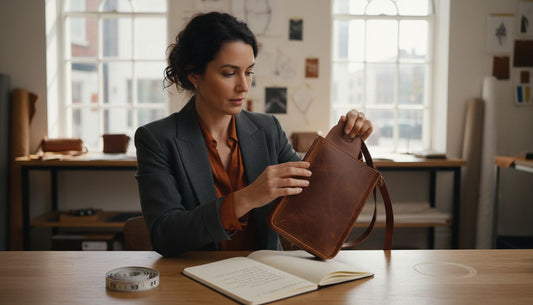 Woman inspecting leather sling bag at boutique desk