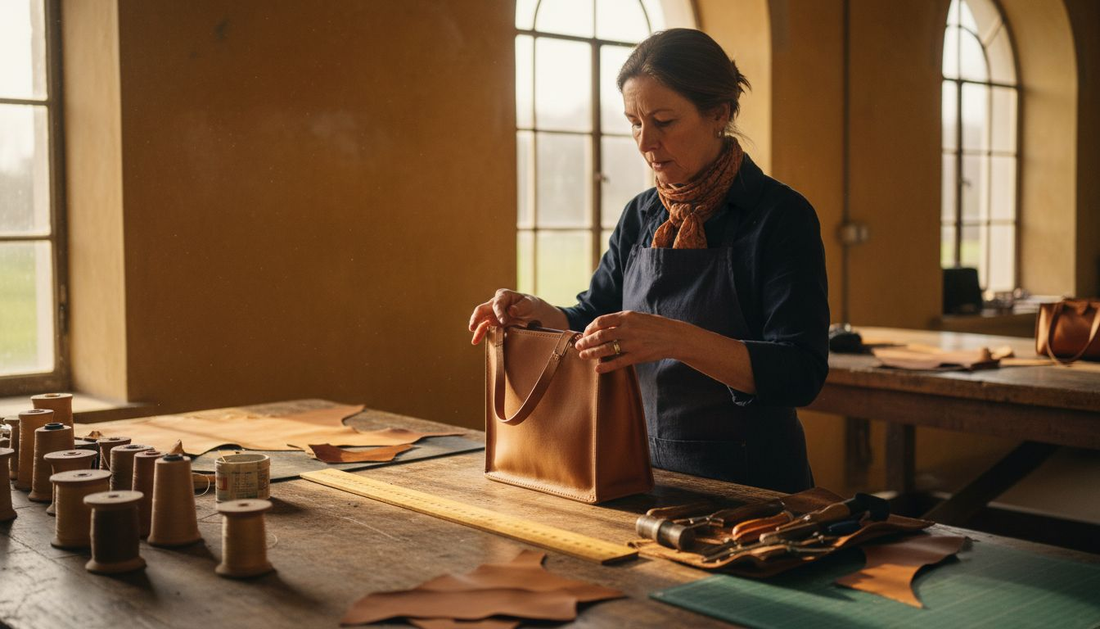 Artisane examinant un sac à main en cuir dans un atelier