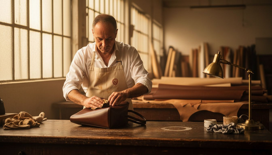 Artisan polishing Italian leather handbag