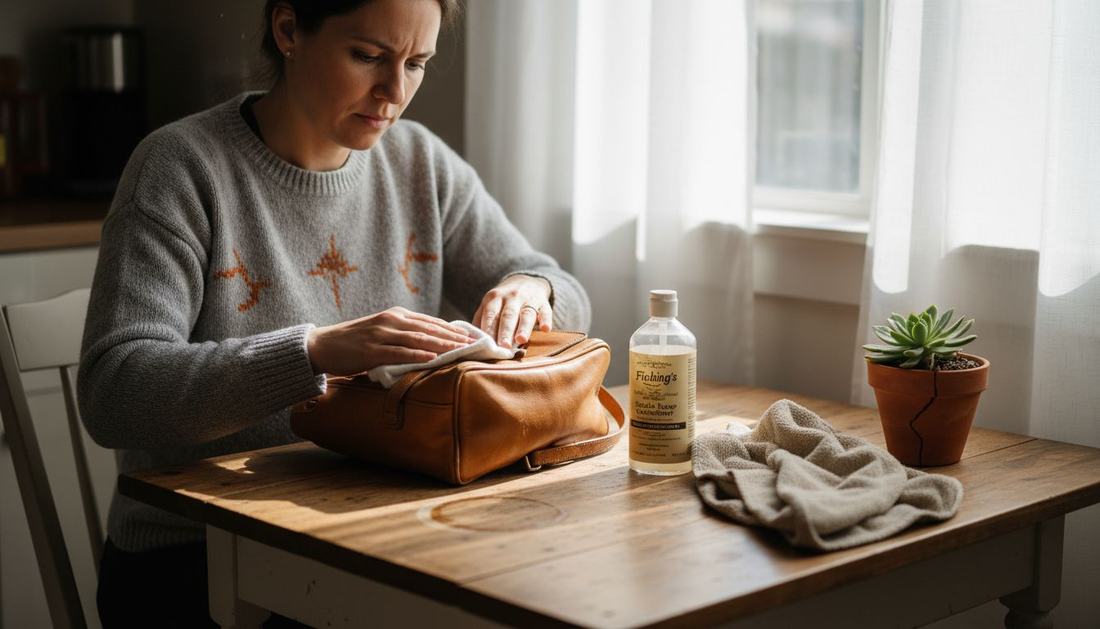 Frau reinigt eine Lederhandtasche am Küchentisch