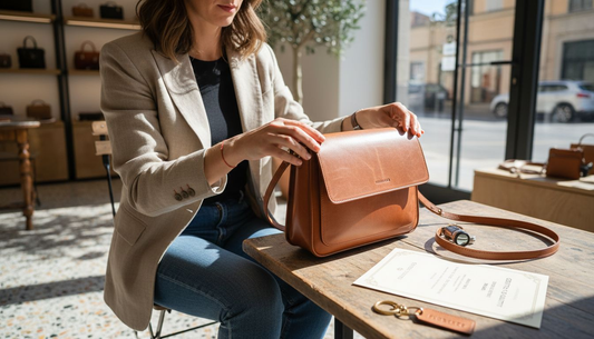 Mujer examinando un bolso bandolera italiano de piel sobre una mesa