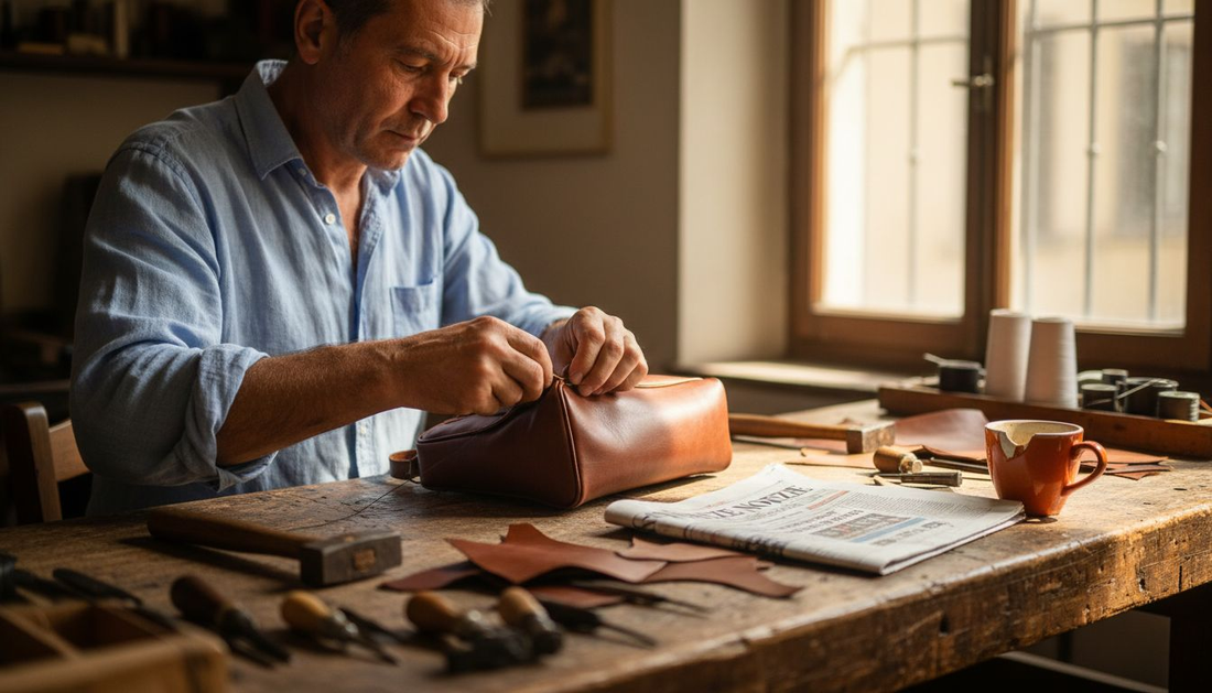 Artisan hand-stitching Italian leather handbag