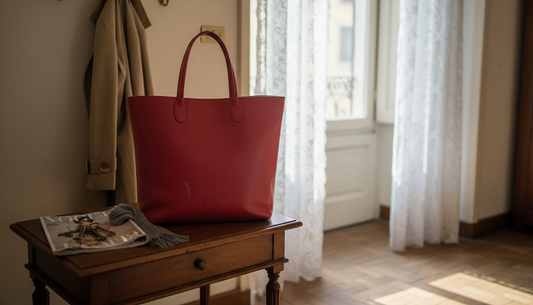 Elegante bolso tote italiano rojo sobre una mesa de nogal en un vestíbulo
