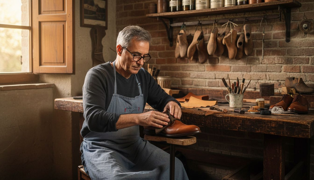 Italienischer Handwerker poliert Schuhe aus weichem Leder