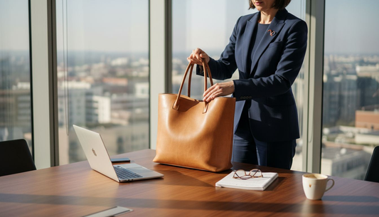 Woman with luxury leather tote in office