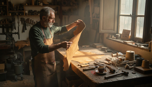 Italian craftsman inspecting tanned leather