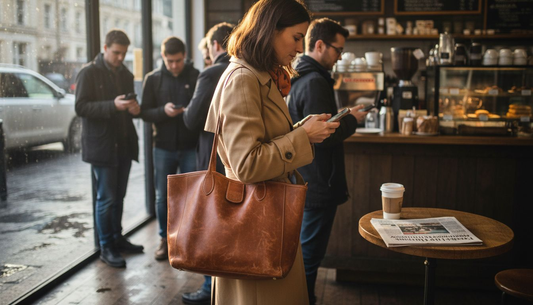Mujer entrando en una cafetería con un bolso tote vintage de piel