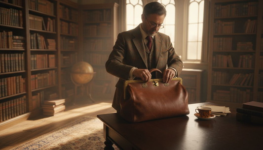Caballero colocando un bolso Gladstone en una oficina de estilo vintage