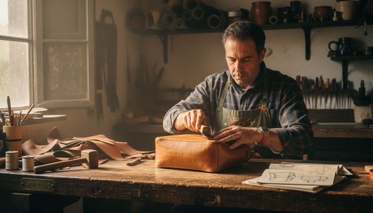 Artesano elaborando a mano un bolso Boldrini de piel