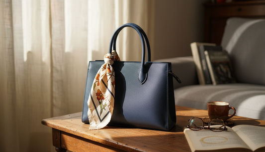 Bolso de piel azul marino en un salón de Milán