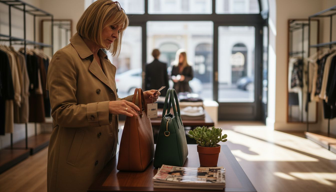 Woman comparing real and vegan leather bags