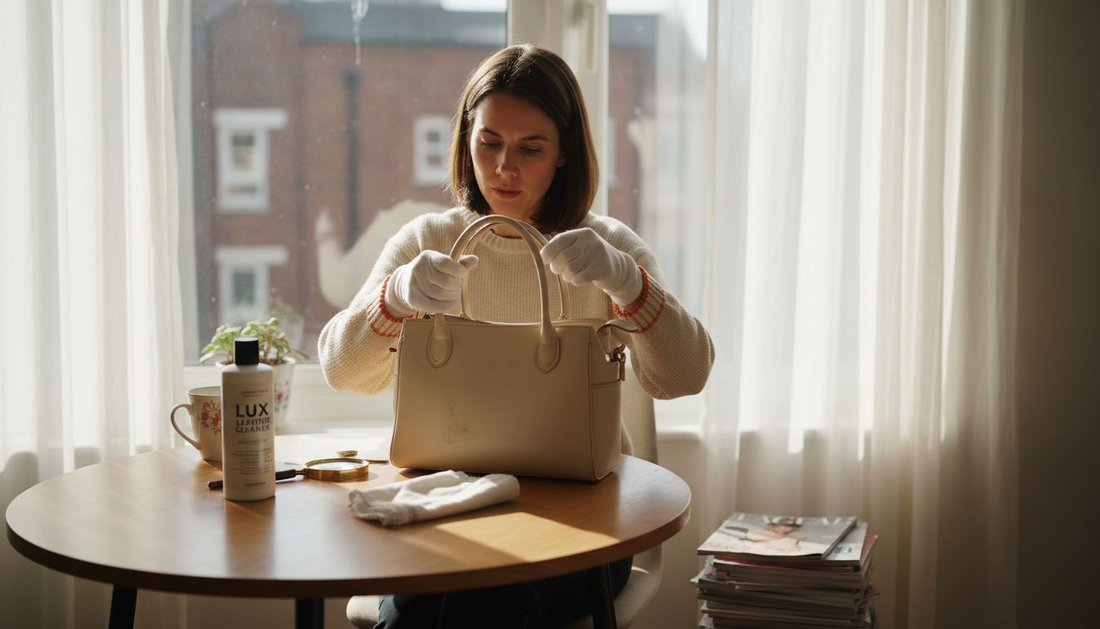 Woman inspecting cream leather handbag in sunlight