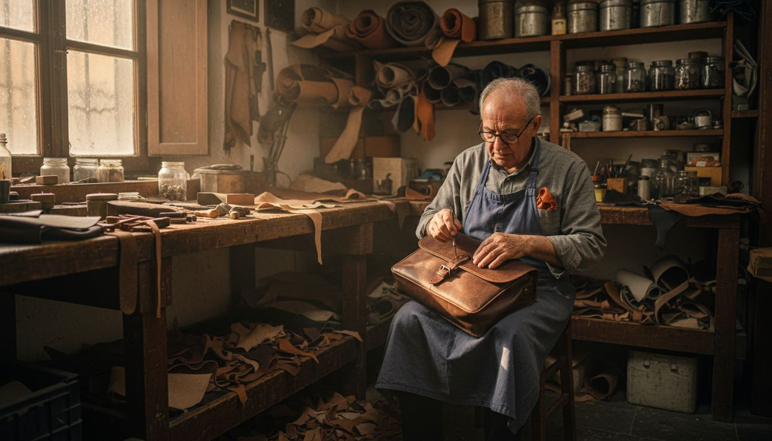 Italian craftsman stitching leather bag in workshop
