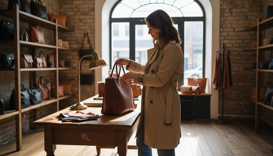Woman examining luxury leather handbag in boutique