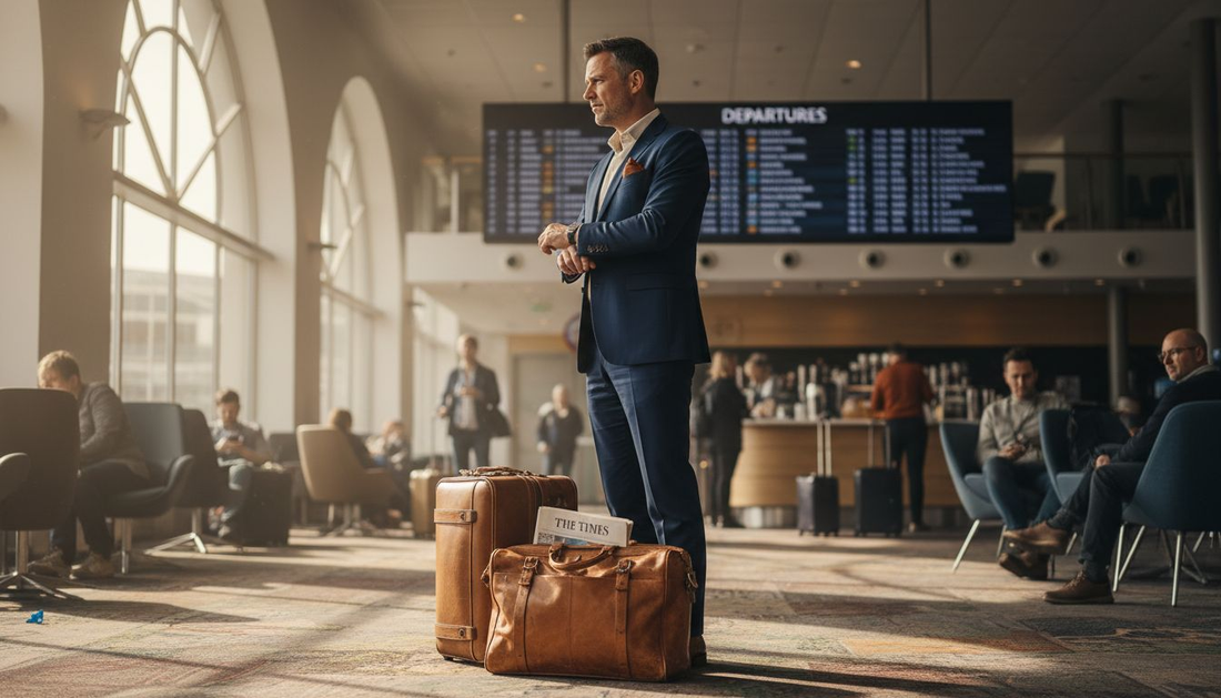 Viajero con equipaje de lujo en piel en una sala VIP de aeropuerto