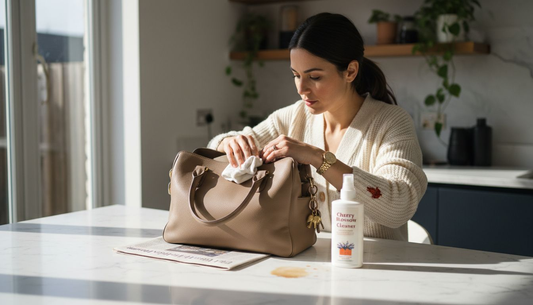 Woman gently cleaning luxury leather handbag