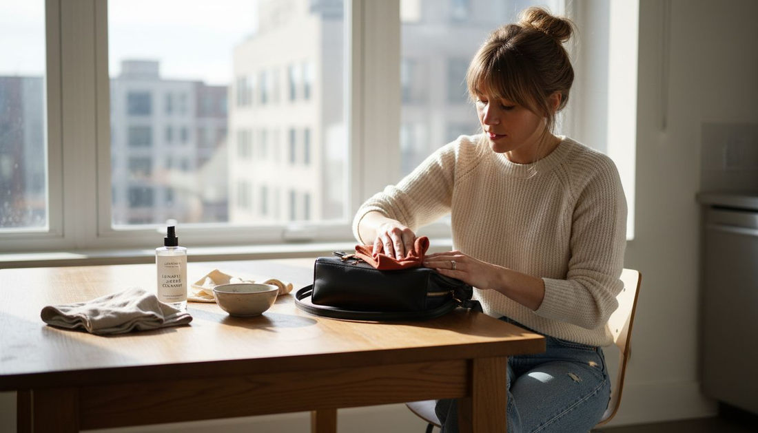 Femme nettoyant un sac à main de créateur dans un appartement