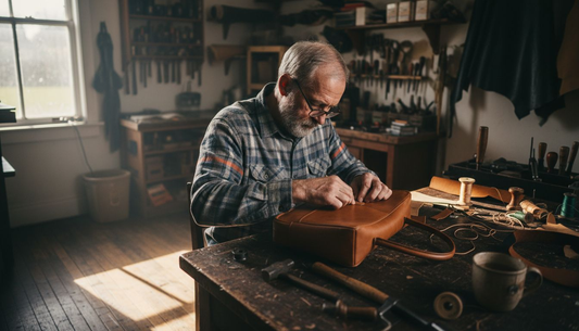 Artesano cosiendo a mano un bolso de lujo de piel