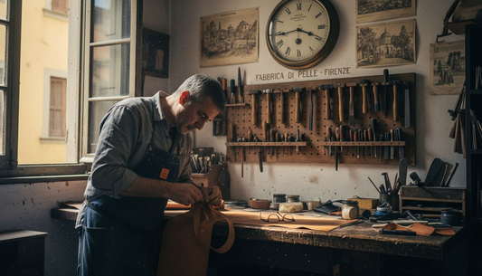 Artesano cosiendo a mano un bolso en un taller de Florencia