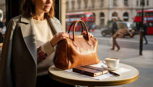 Frau hält eine Handtasche aus gealtertem Leder in einem Café