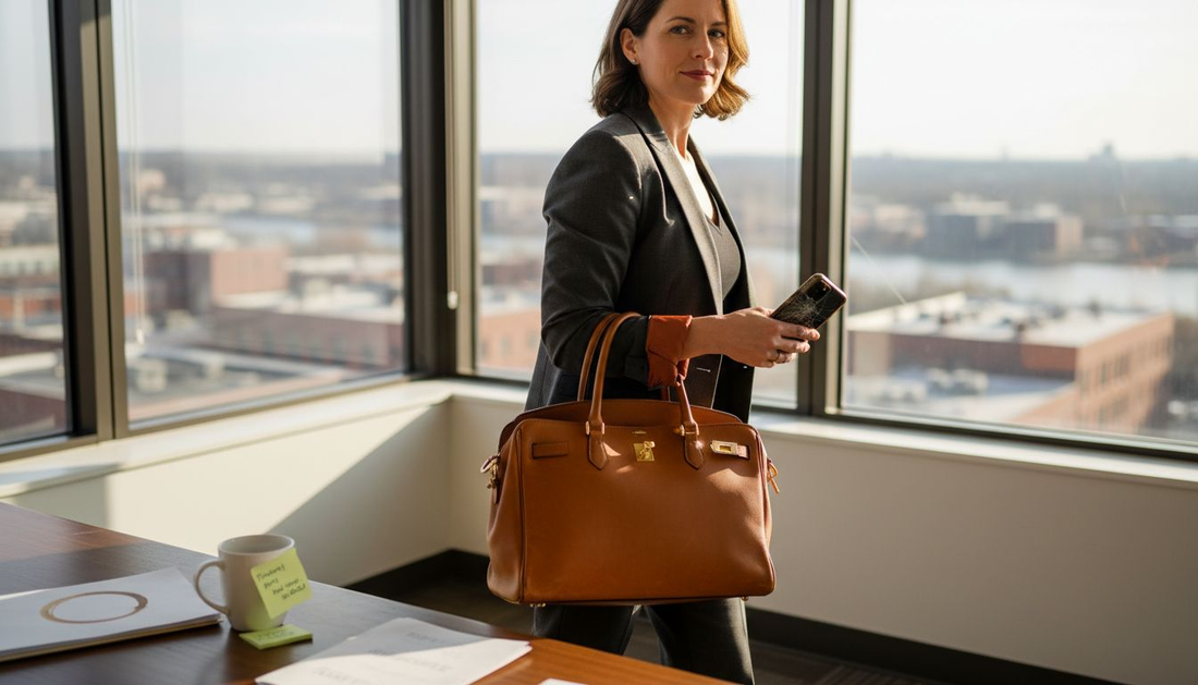 Frau trägt eine italienische Designer-Arbeitstasche im Büro