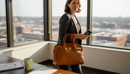 Frau trägt eine italienische Designer-Arbeitstasche im Büro
