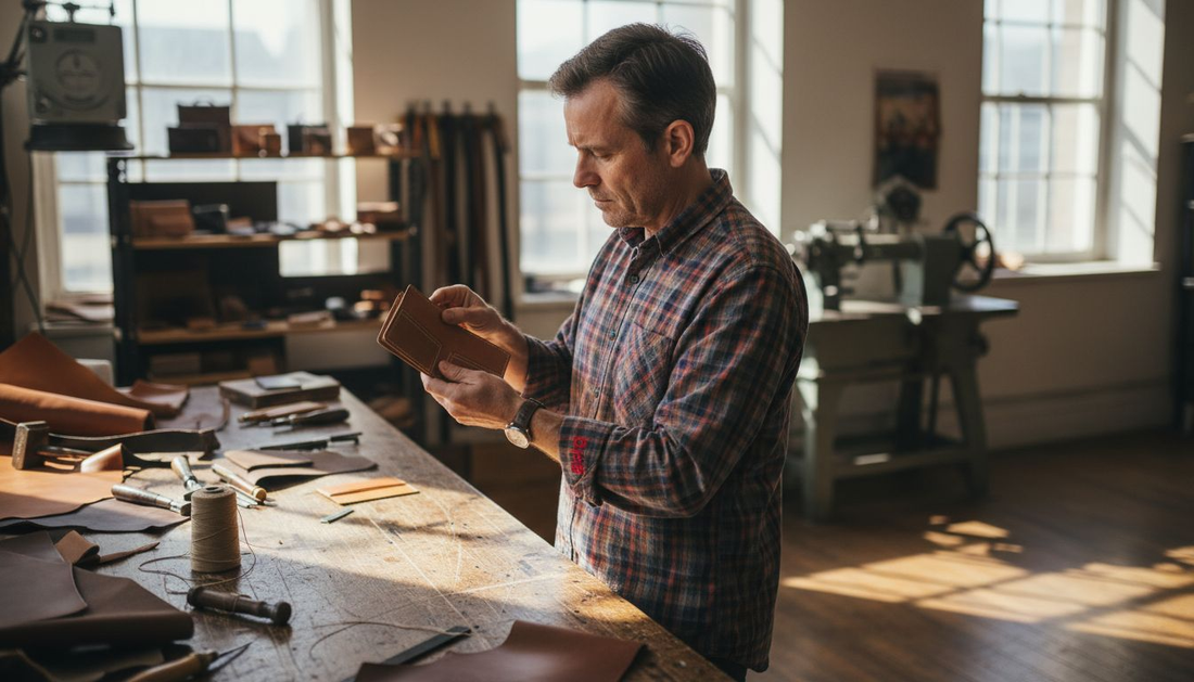 Artesão a fabricar uma carteira num atelier de pele em Florença