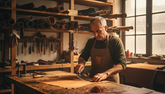 Artesano italiano elaborando un bolso de piel auténtica