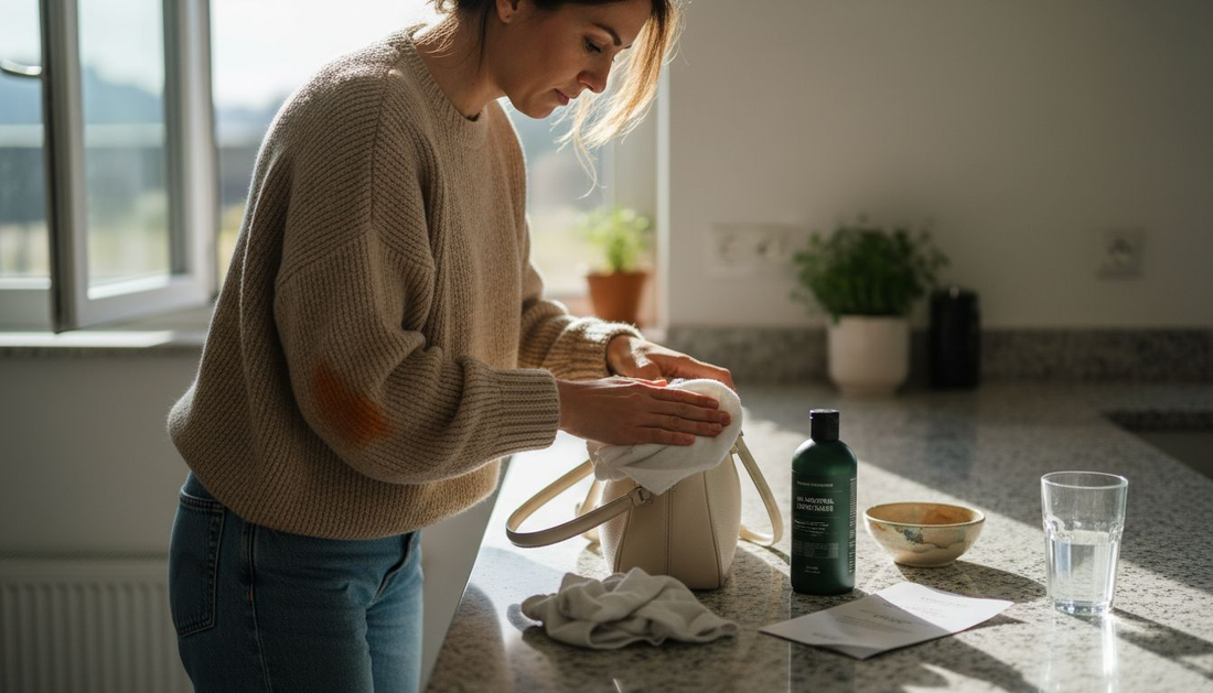 Femme nettoyant un sac à main en cuir crème dans la cuisine