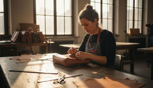 Artesano cosiendo a mano un bolso de piel en un estudio iluminado por el sol