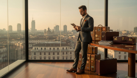 Man with leather luggage in Milan office