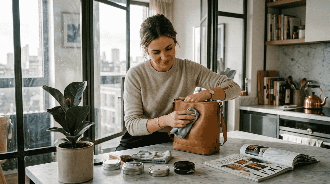 Woman polishing luxury leather handbag at home
