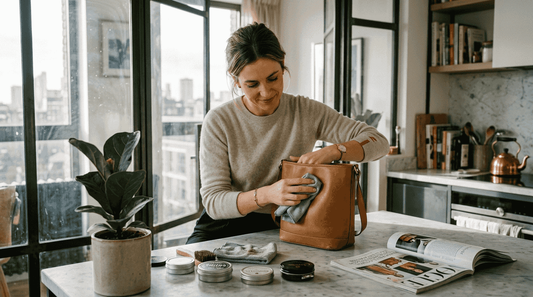Woman polishing luxury leather handbag at home