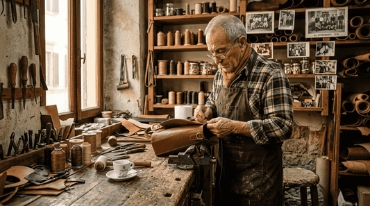 Italienischer Handwerker näht eine Designertasche in einer Werkstatt
