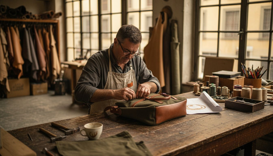 Handwerker näht eine Tasche aus Canvas und Leder in einer Werkstatt
